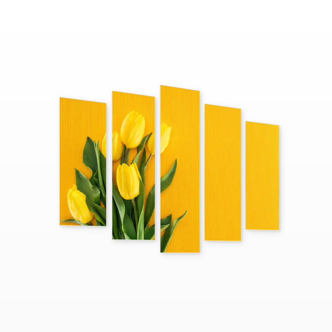 Bouquet with Yellow Tulips in Vivid Color — five-panel wall art on white background in perspective | 5wallart 55075 M1