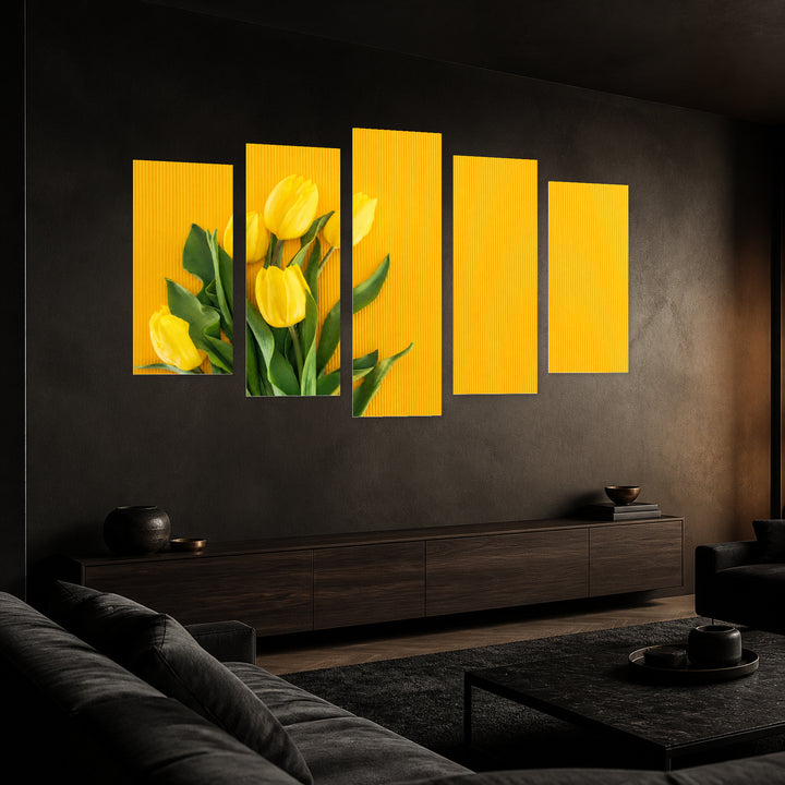 Bouquet with Yellow Tulips in Vivid Color — five-panel wall art in perspective interior | 5wallart 55075 M2