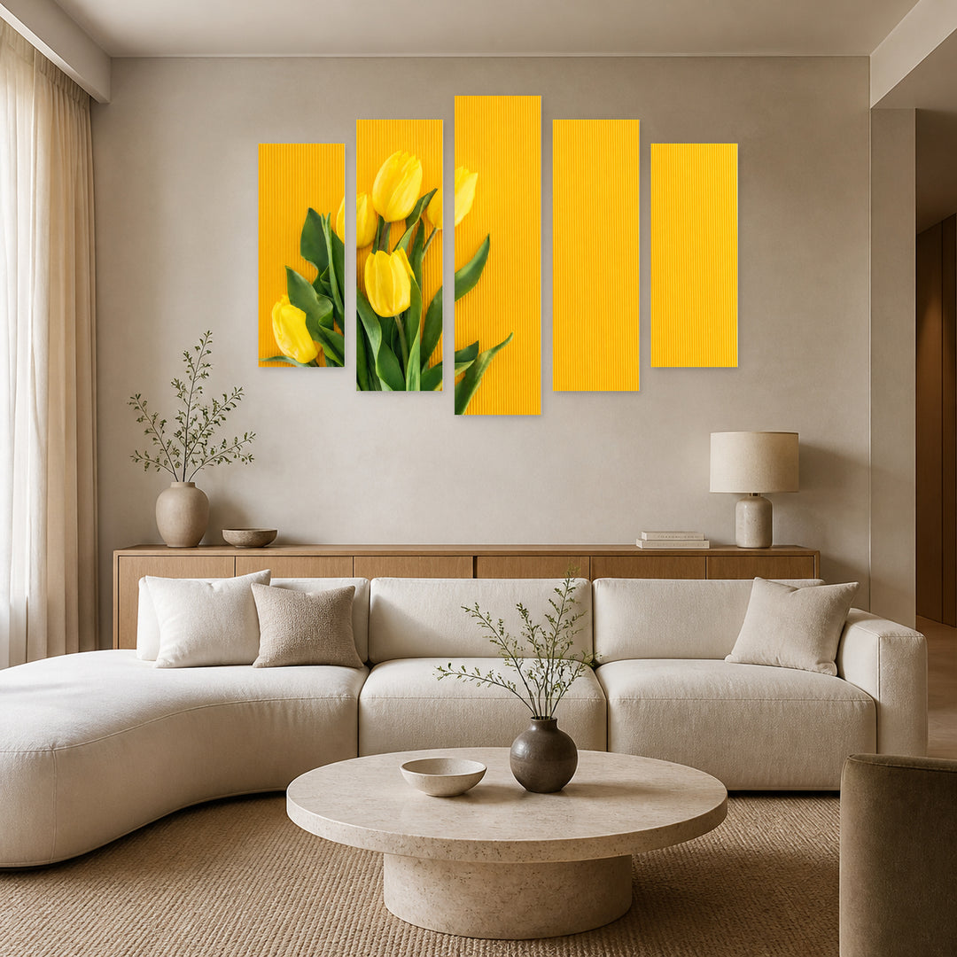 Bouquet with Yellow Tulips in Vivid Color — five-panel wall art in frontal interior | 5wallart 55075 M3