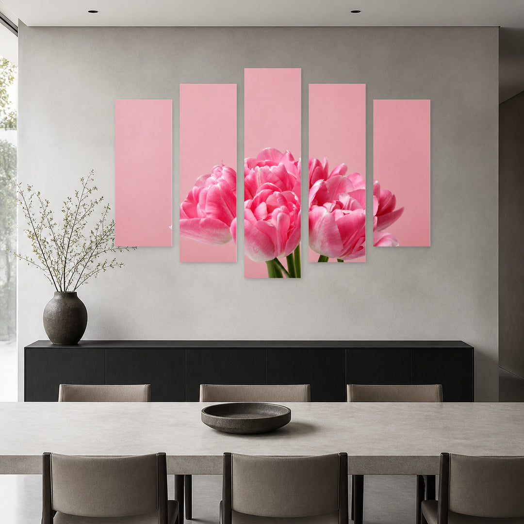 Bouquet of Spring Tulips in Vivid Color — five-panel wall art in frontal interior | 5wallart 55076 M3