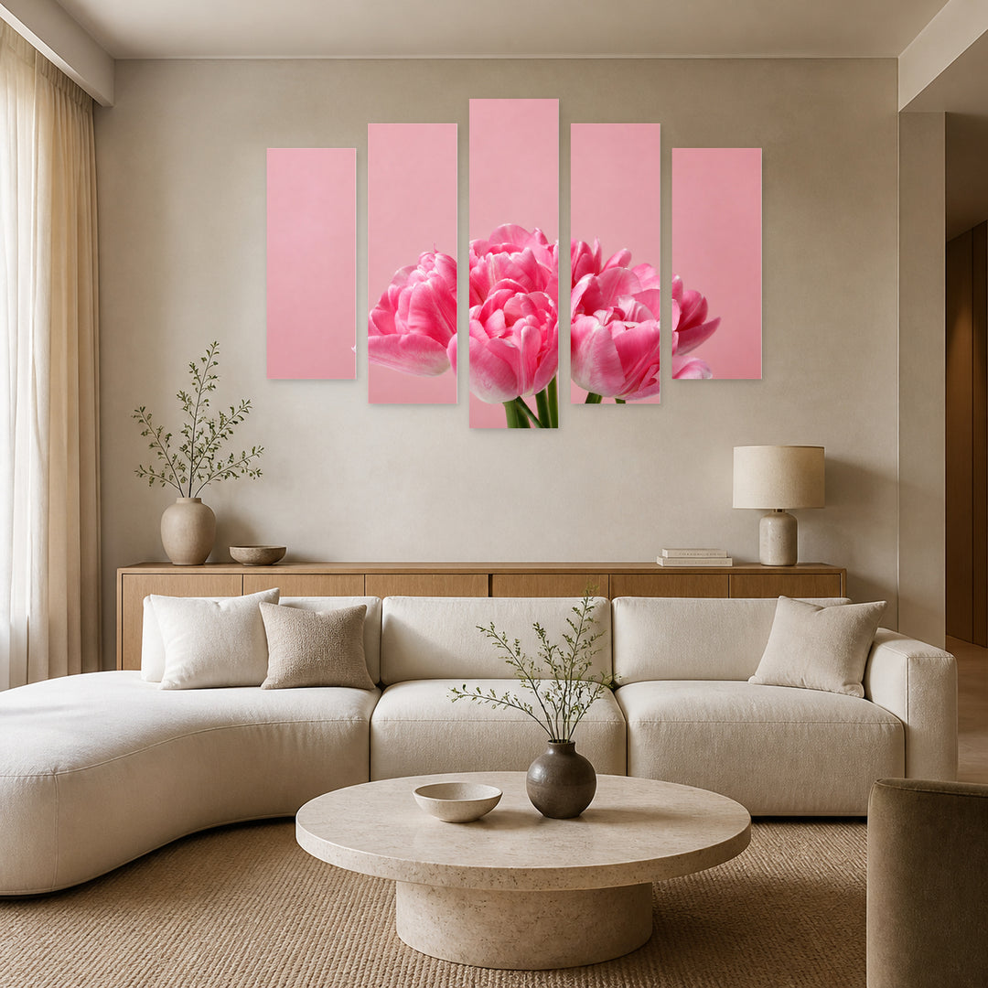 Bouquet of Spring Tulips in Vivid Color — five-panel wall art in alternate frontal interior | 5wallart 55076 M4