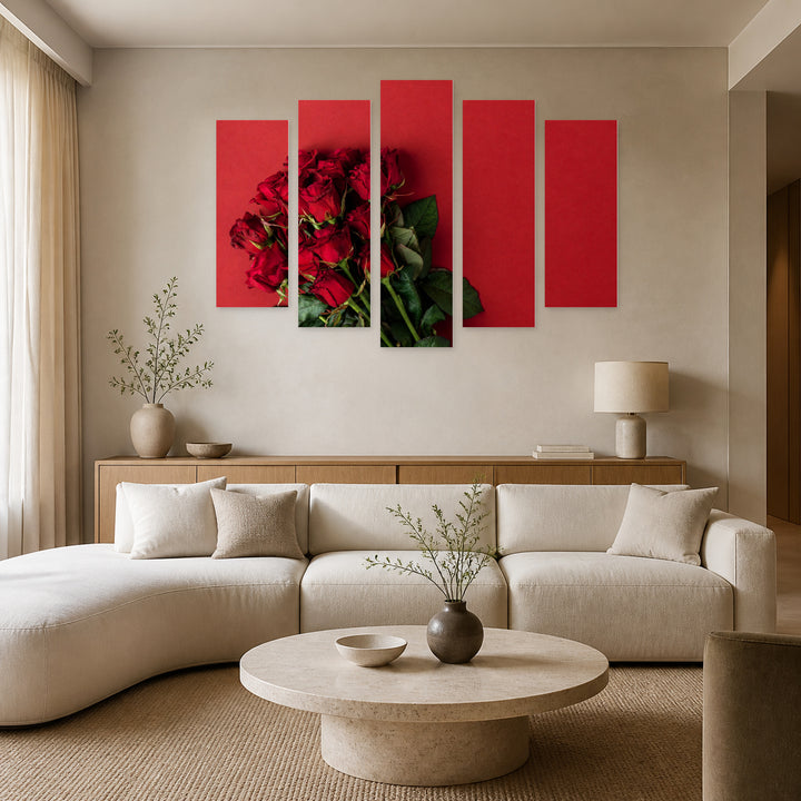 Bouquet of Red Roses Botanical Study — five-panel wall art in frontal interior | 5wallart 55077 M3