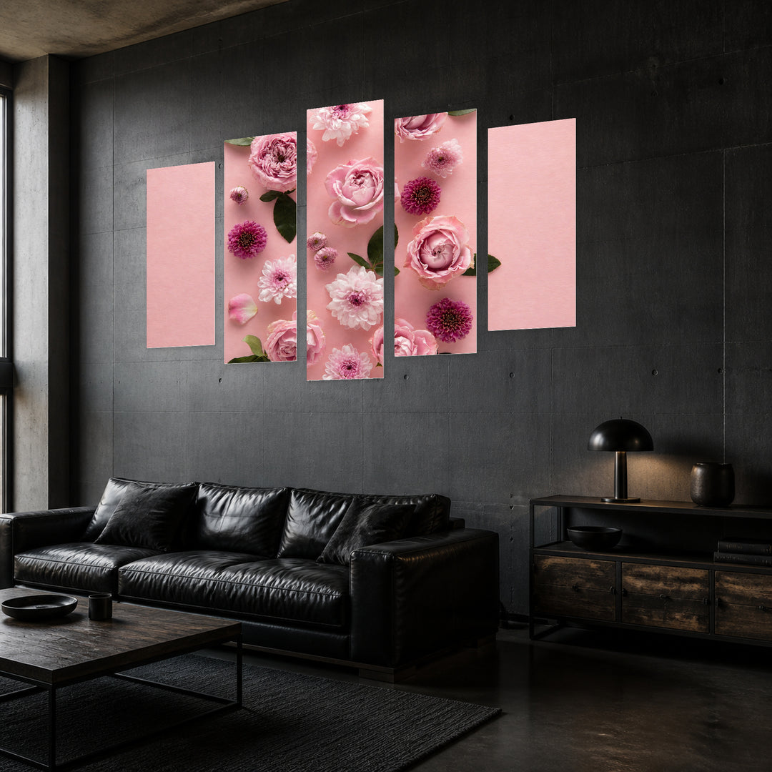 Blooming Spring Flowers Botanical Study — five-panel wall art in perspective interior | 5wallart 55078 M2