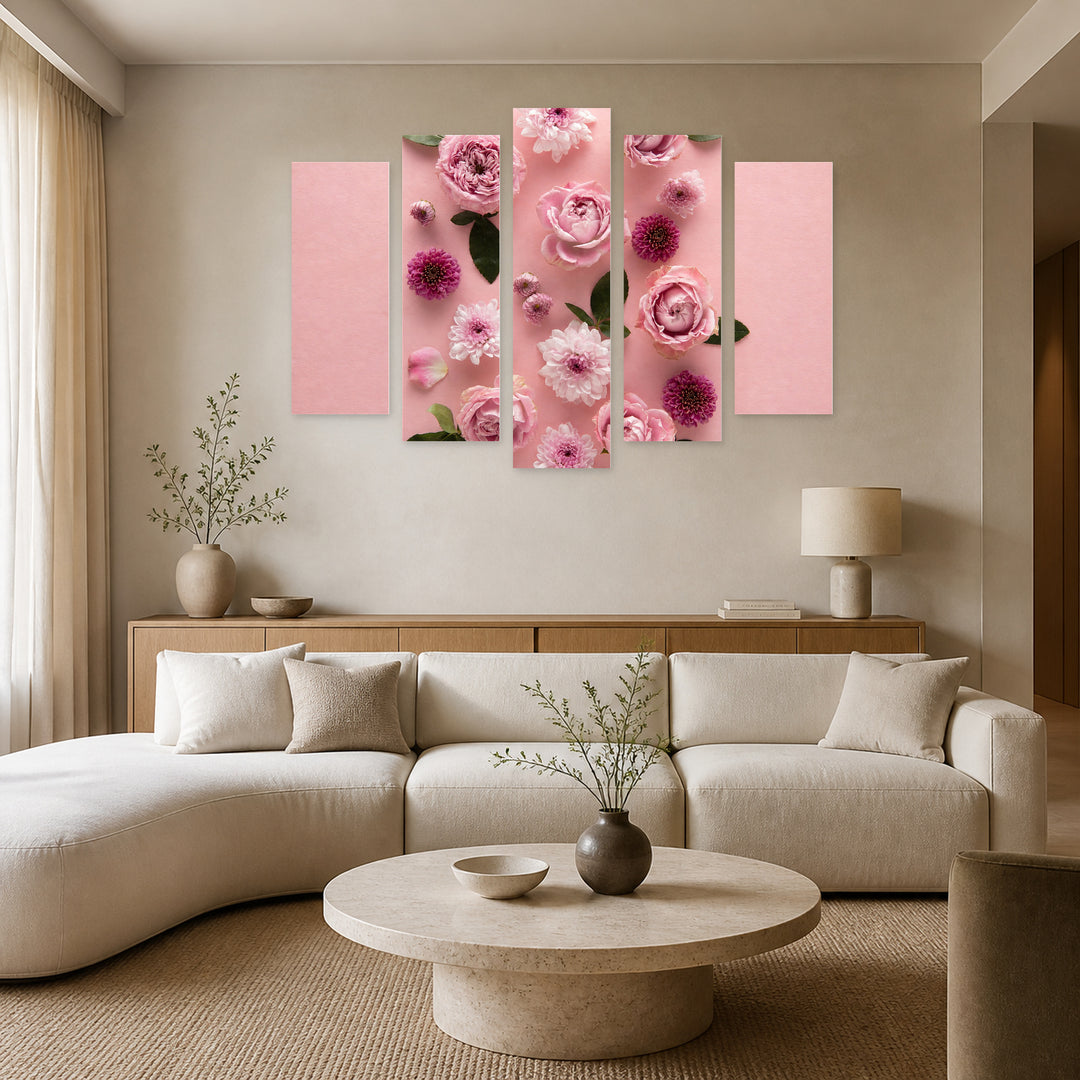 Blooming Spring Flowers Botanical Study — five-panel wall art in alternate frontal interior | 5wallart 55078 M4