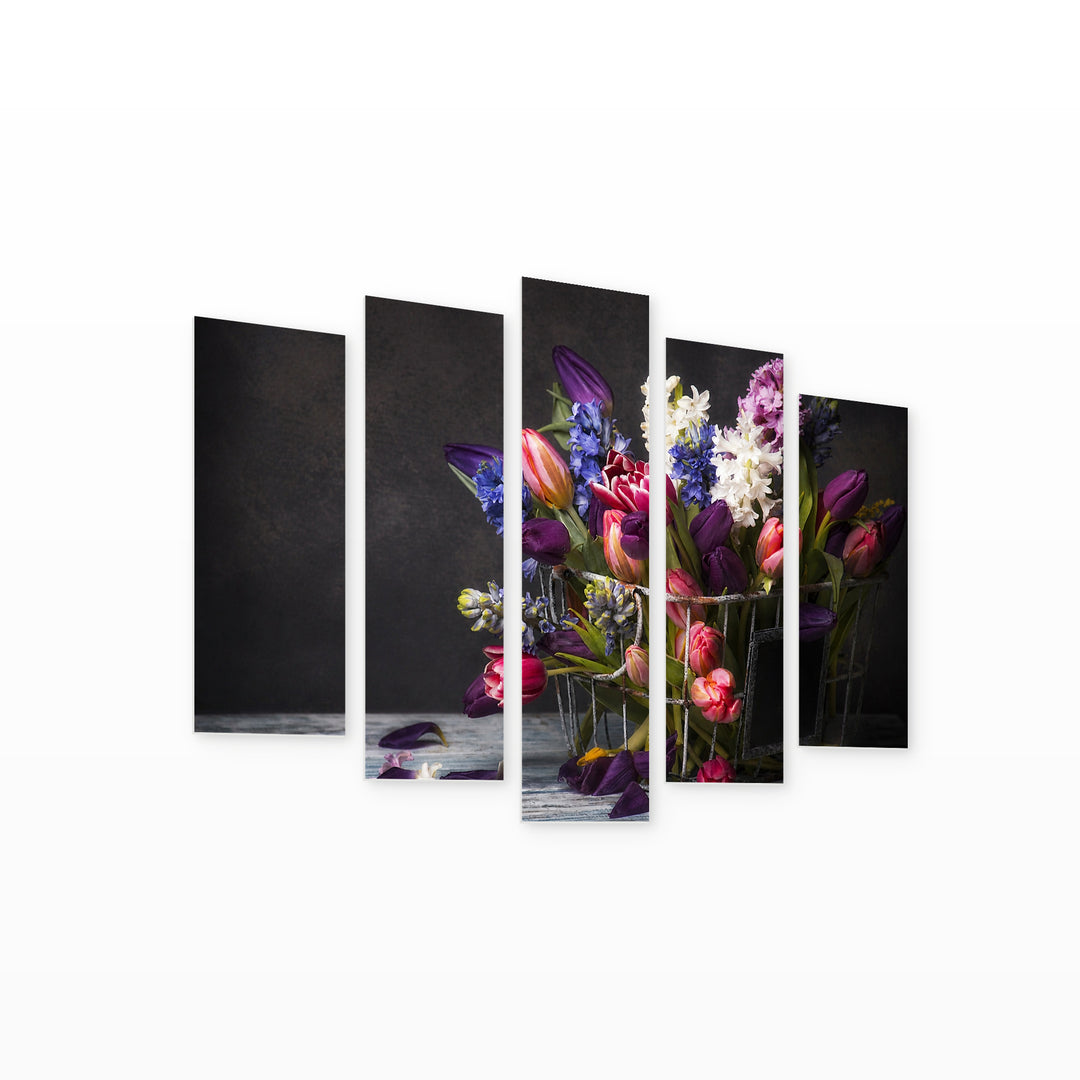 Composition of Spring Flowers Botanical Study — five-panel wall art on white background in perspective | 5wallart 55079 M1