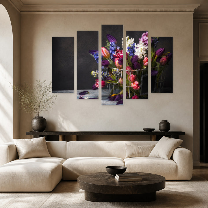Composition of Spring Flowers Botanical Study — five-panel wall art in frontal interior | 5wallart 55079 M3