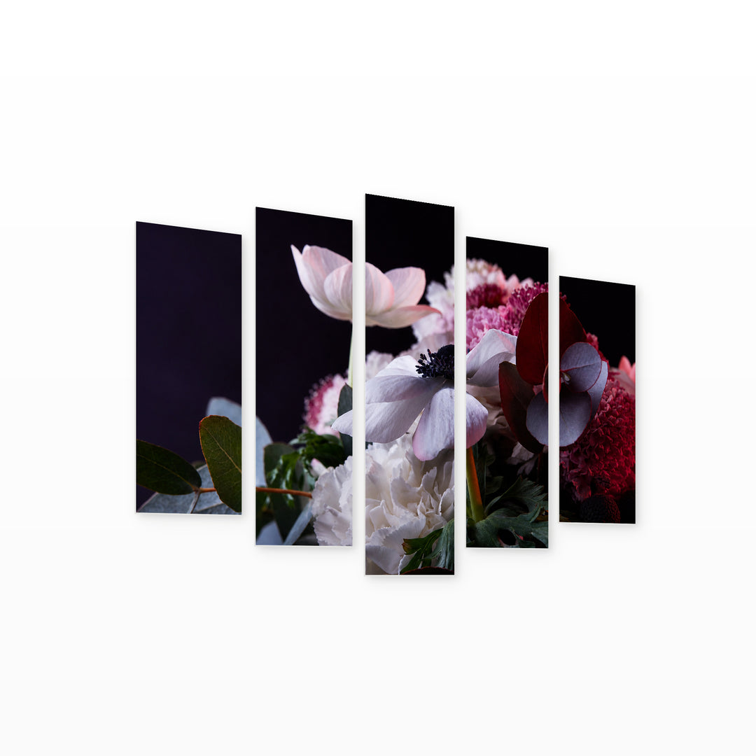 Bouquet of Various Flowers with Dramatic Contrast II — five-panel wall art on white background in perspective | 5wallart 55080 M1