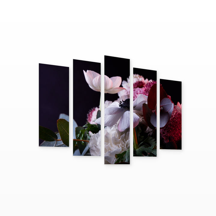 Bouquet of Various Flowers with Dramatic Contrast II — five-panel wall art on white background in perspective | 5wallart 55080 M1