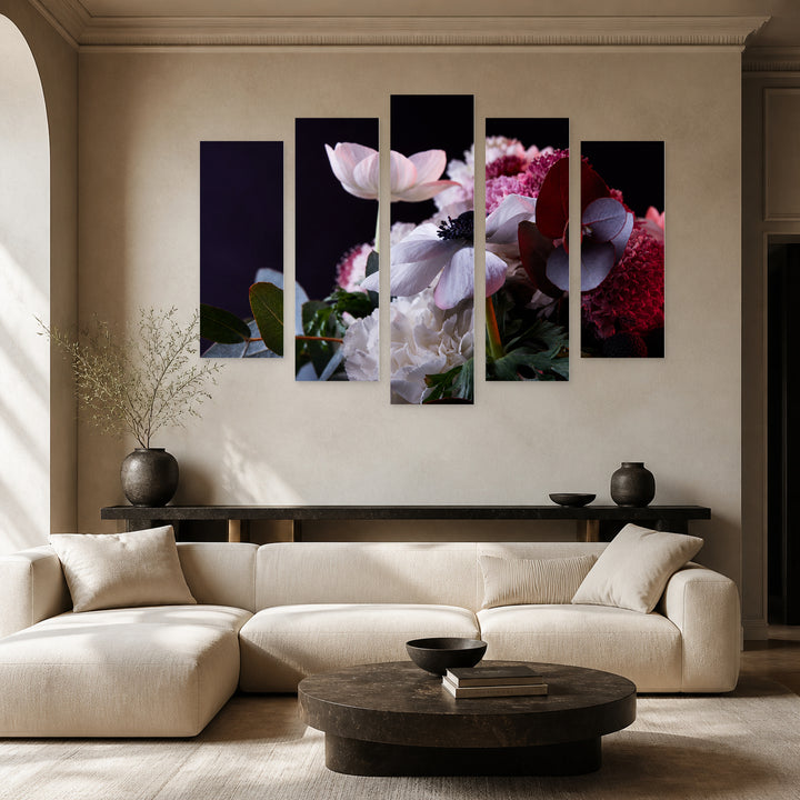 Bouquet of Various Flowers with Dramatic Contrast II — five-panel wall art in alternate frontal interior | 5wallart 55080 M4