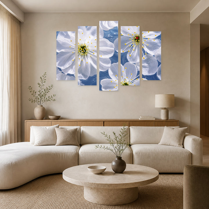 Cherry Blossoms in Serene Light — five-panel wall art in frontal interior | 5wallart 55081 M3