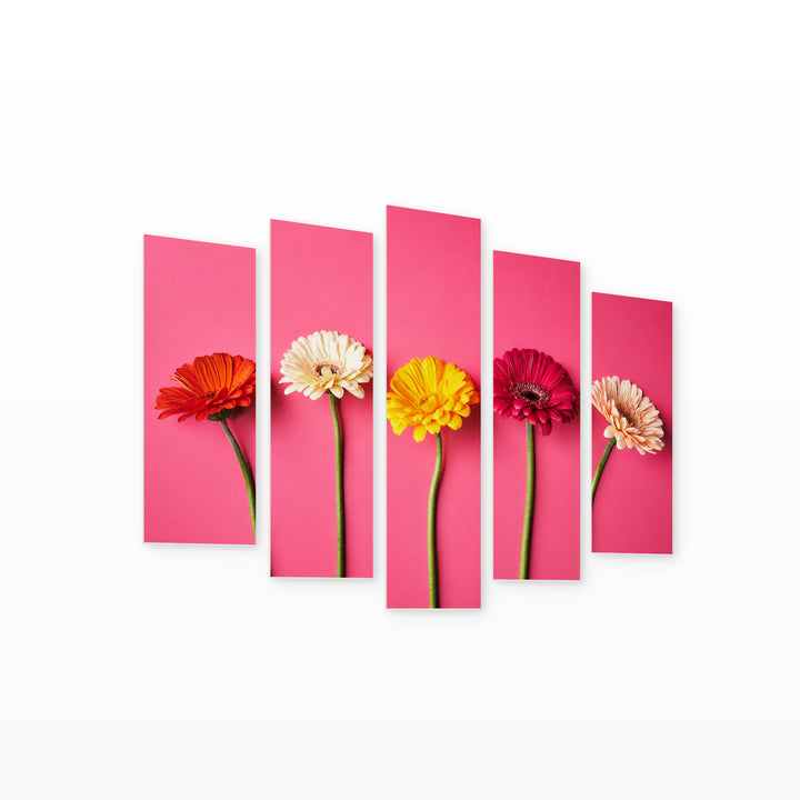 Gerberas with Dramatic Contrast — five-panel wall art on white background in perspective | 5wallart 55082 M1