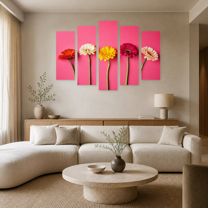 Gerberas with Dramatic Contrast — five-panel wall art in alternate frontal interior | 5wallart 55082 M4