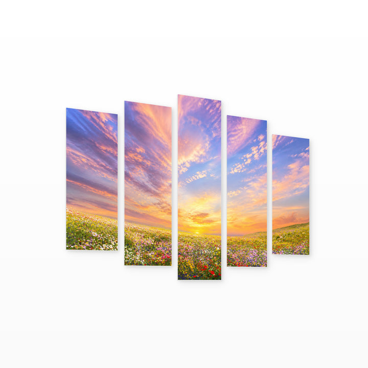 Flowers in the Field with Dreamlike Atmosphere — five-panel wall art on white background in perspective | 5wallart 55083 M1