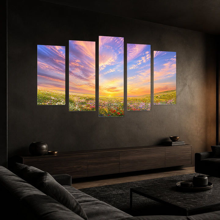 Flowers in the Field with Dreamlike Atmosphere — five-panel wall art in perspective interior | 5wallart 55083 M2