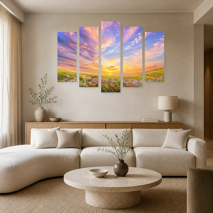 Flowers in the Field with Dreamlike Atmosphere — five-panel wall art in frontal interior | 5wallart 55083 M3