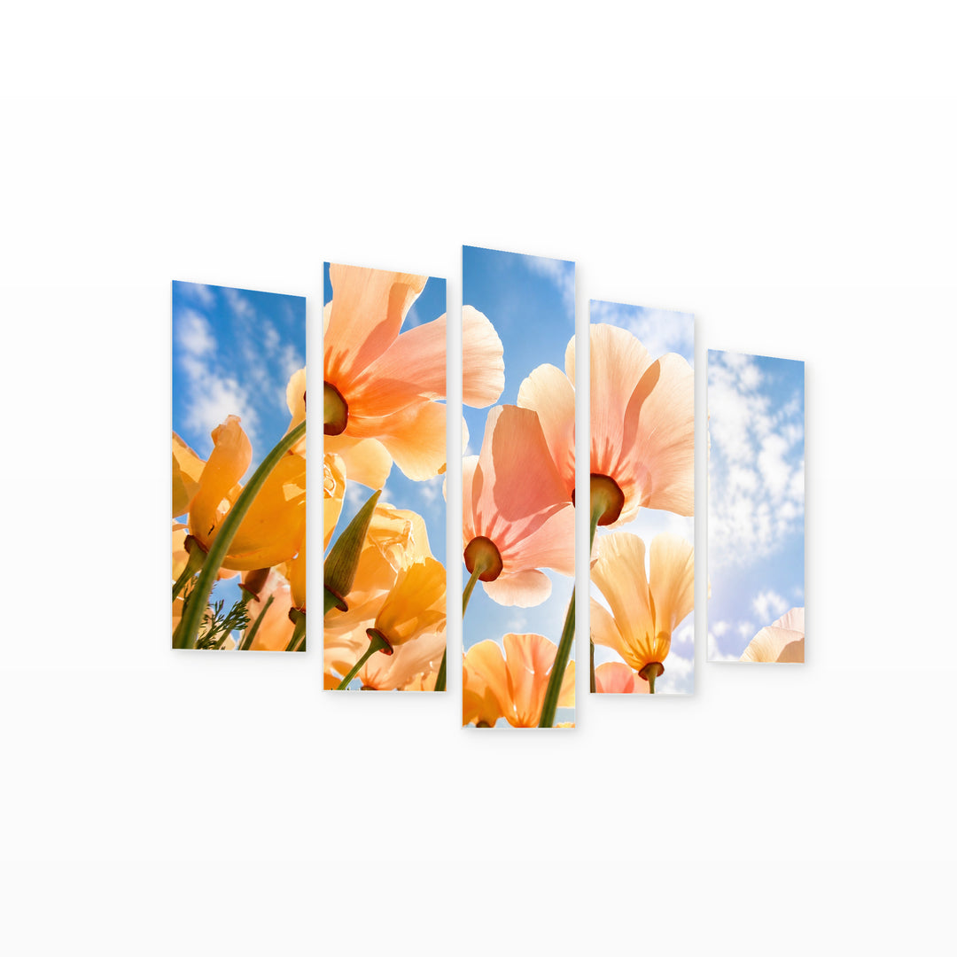Spring Flowers in Soft Pastels — five-panel wall art on white background in perspective | 5wallart 55084 M1
