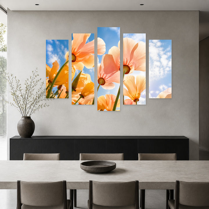 Spring Flowers in Soft Pastels — five-panel wall art in frontal interior | 5wallart 55084 M3