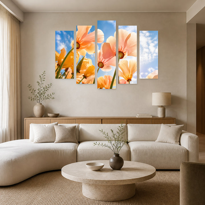 Spring Flowers in Soft Pastels — five-panel wall art in alternate frontal interior | 5wallart 55084 M4