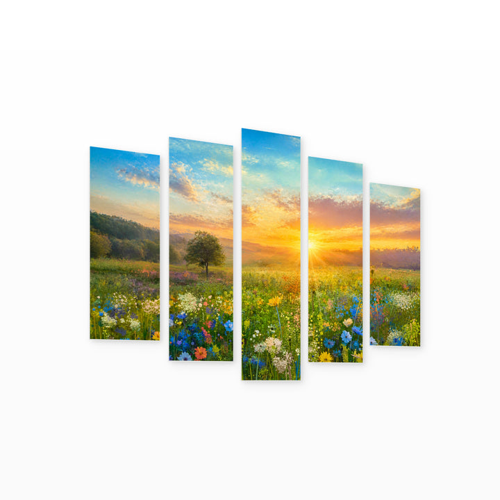 Sunset on a Meadow with Wildflowers at Sunrise — five-panel wall art on white background in perspective | 5wallart 55085 M1