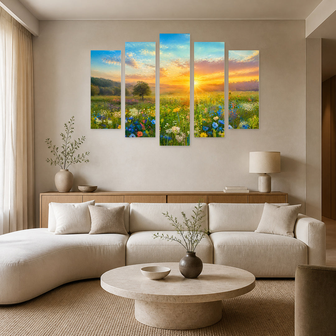 Sunset on a Meadow with Wildflowers at Sunrise — five-panel wall art in frontal interior | 5wallart 55085 M3