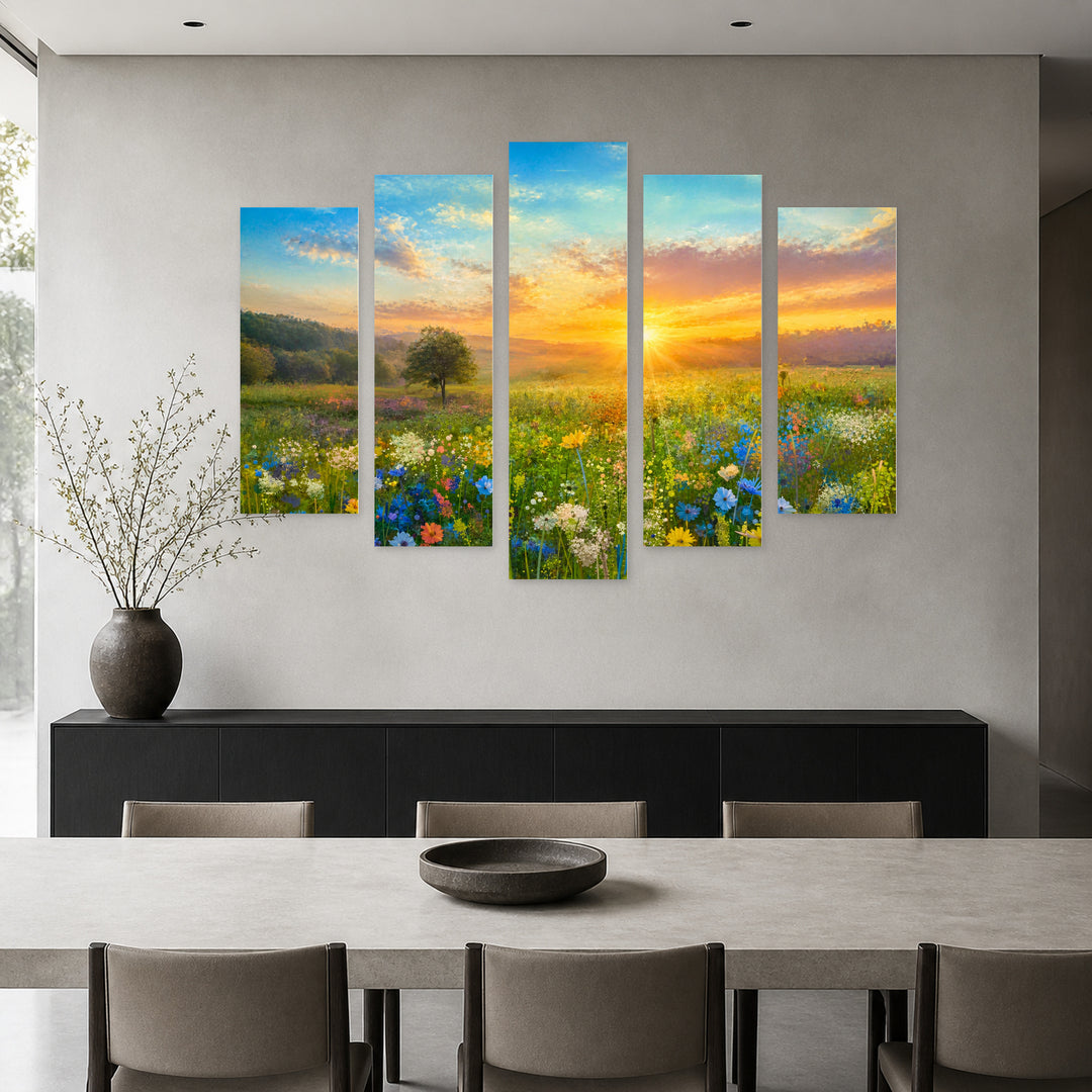 Sunset on a Meadow with Wildflowers at Sunrise — five-panel wall art in alternate frontal interior | 5wallart 55085 M4