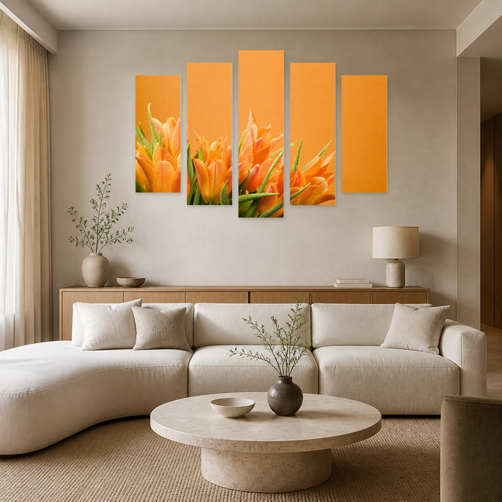 Spring Flowers in Vivid Color — five-panel wall art in alternate frontal interior | 5wallart 55086 M4