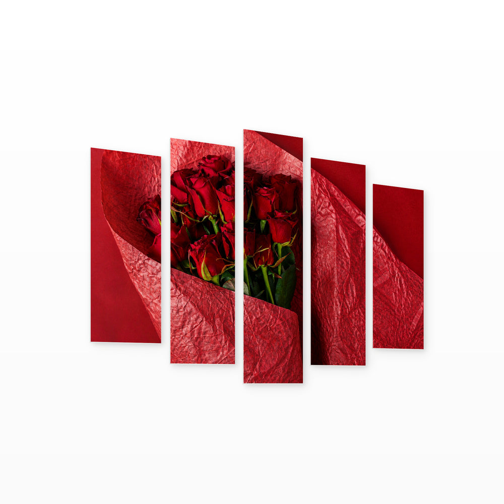 Bouquet of Red Roses in Vivid Color — five-panel wall art on white background in perspective | 5wallart 55087 M1