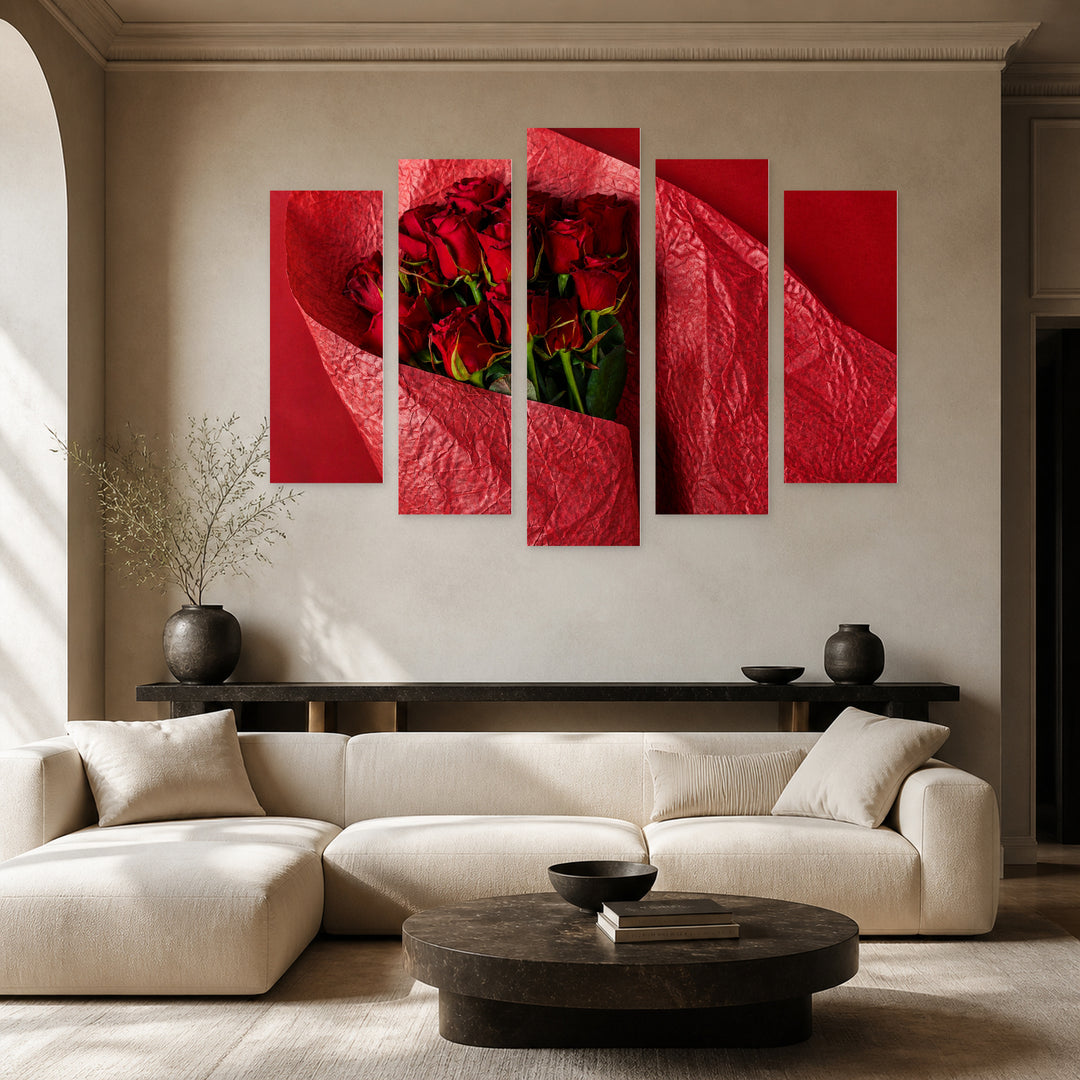Bouquet of Red Roses in Vivid Color — five-panel wall art in frontal interior | 5wallart 55087 M3