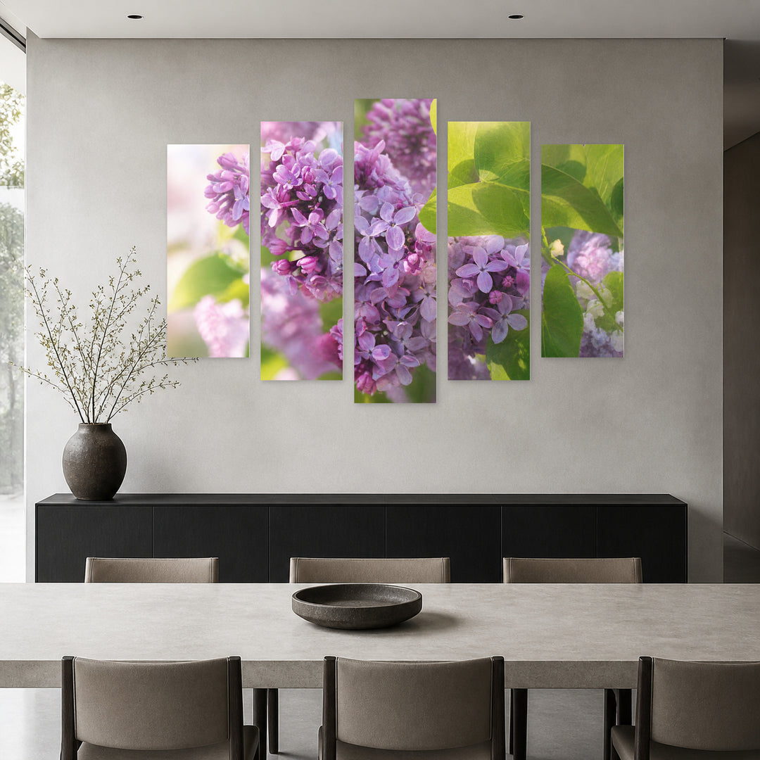 Branch of Lilac Flowers in Serene Light — five-panel wall art in frontal interior | 5wallart 55088 M3