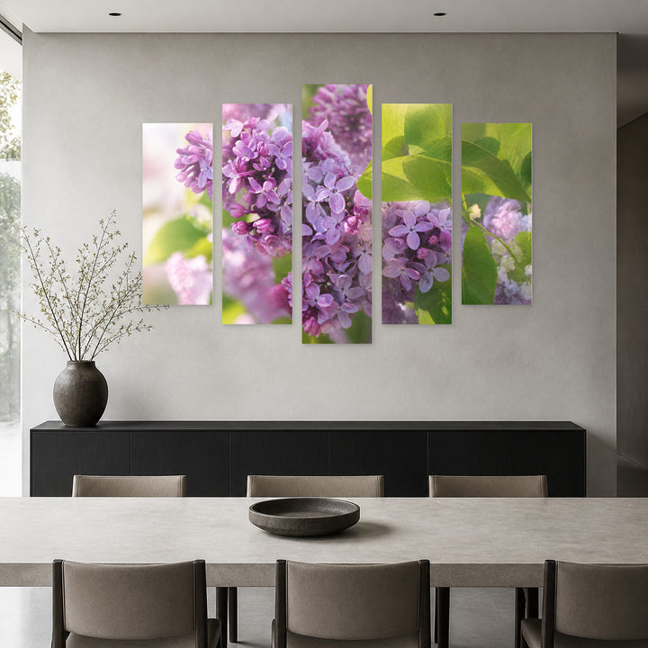 Branch of Lilac Flowers in Serene Light — five-panel wall art in frontal interior | 5wallart 55088 M3