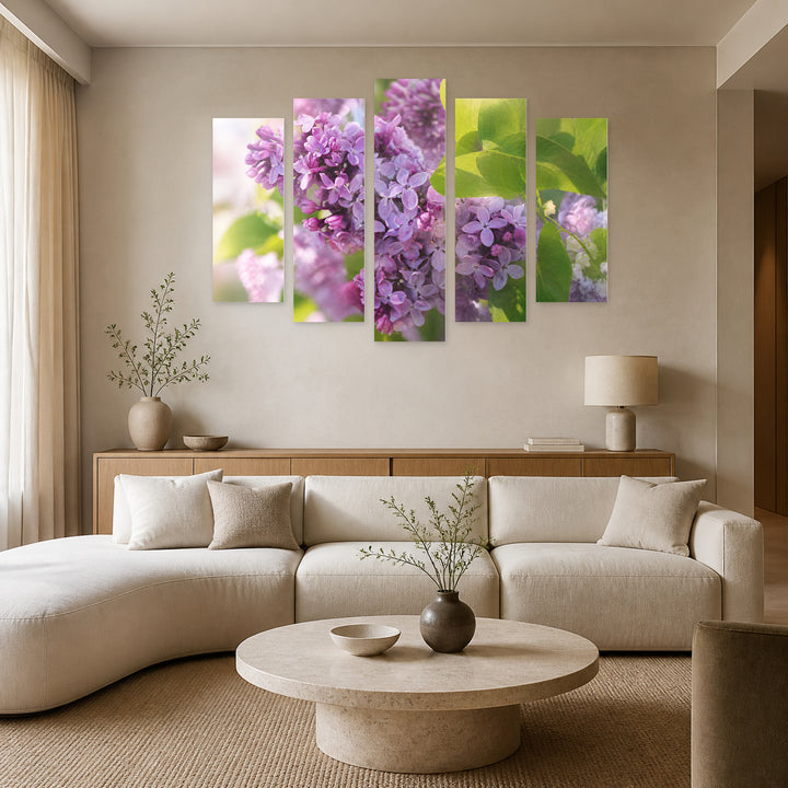 Branch of Lilac Flowers in Serene Light — five-panel wall art in alternate frontal interior | 5wallart 55088 M4