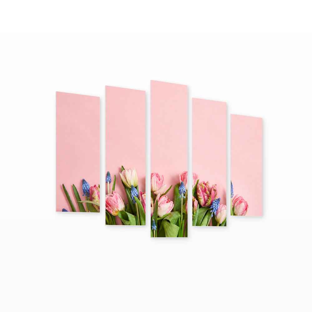 Fresh Pink Tulips in Serene Light — five-panel wall art on white background in perspective | 5wallart 55089 M1