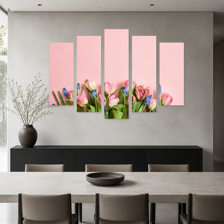 Fresh Pink Tulips in Serene Light — five-panel wall art in alternate frontal interior | 5wallart 55089 M4