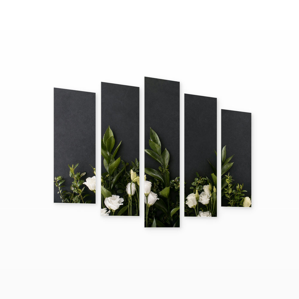 Delicate White Flowers in Serene Light — five-panel wall art on white background in perspective | 5wallart 55090 M1