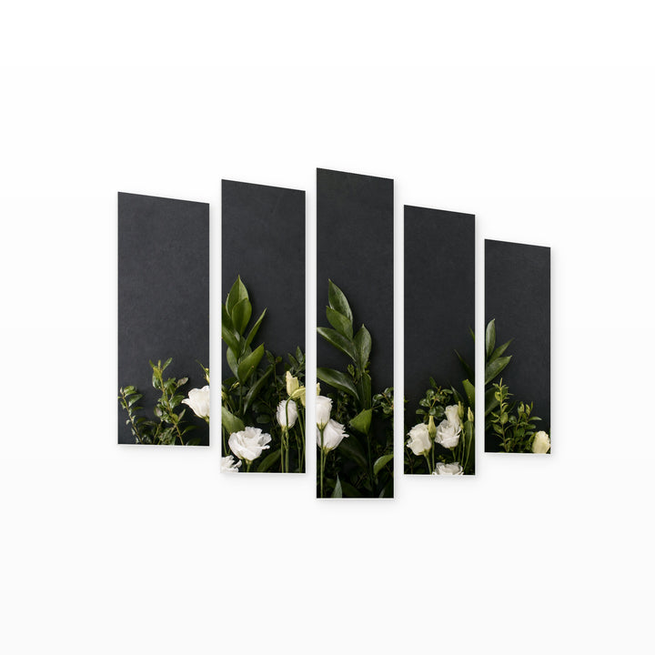 Delicate White Flowers in Serene Light — five-panel wall art on white background in perspective | 5wallart 55090 M1