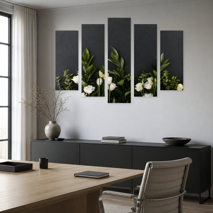 Delicate White Flowers in Serene Light — five-panel wall art in frontal interior | 5wallart 55090 M3