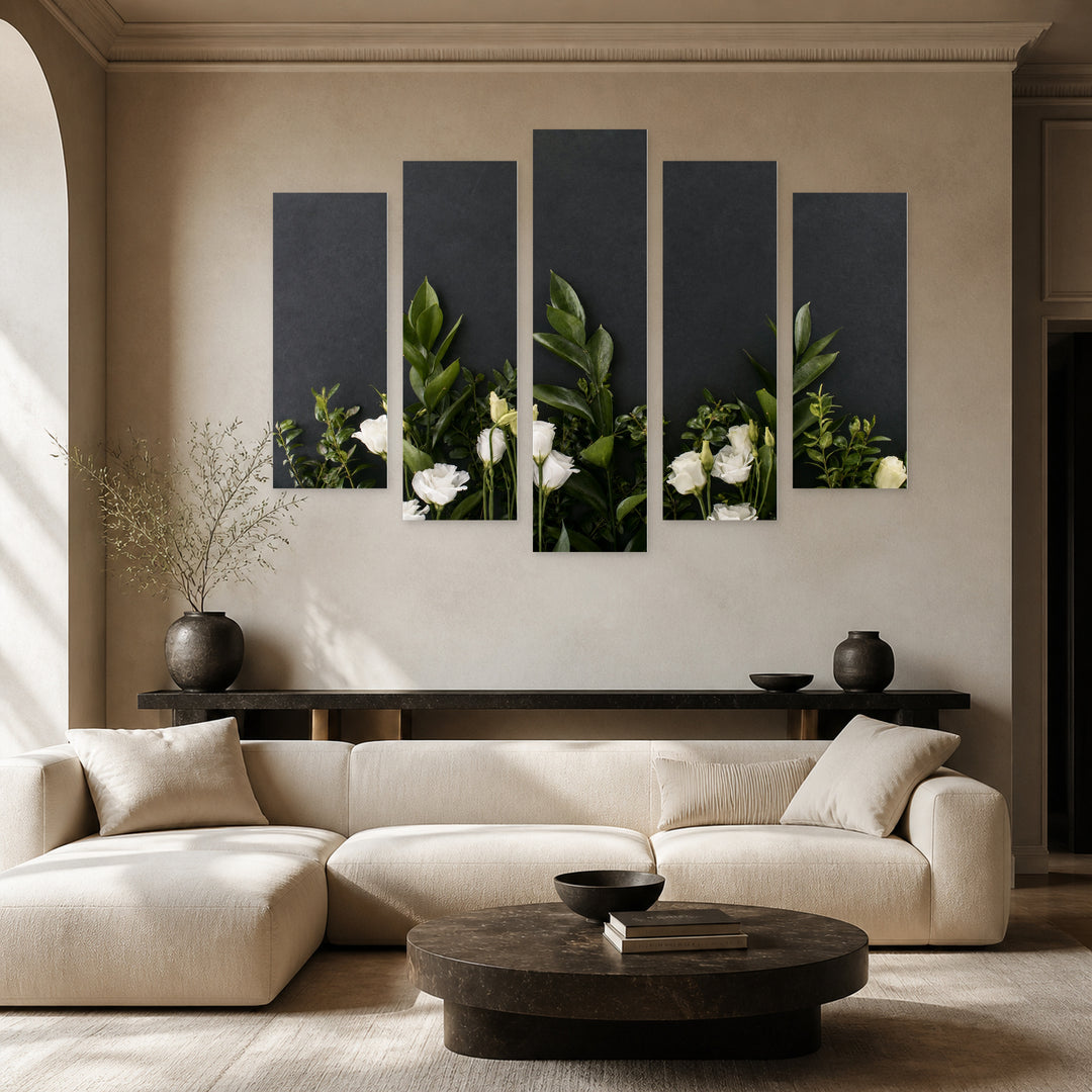 Delicate White Flowers in Serene Light — five-panel wall art in alternate frontal interior | 5wallart 55090 M4