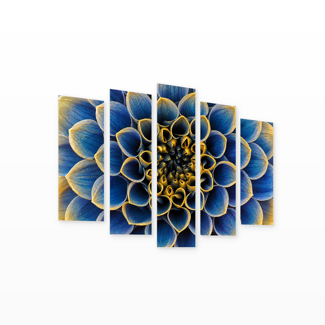 Abstract Flower in Blue and Gold — five-panel wall art on white background in perspective | 5wallart 55092 M1