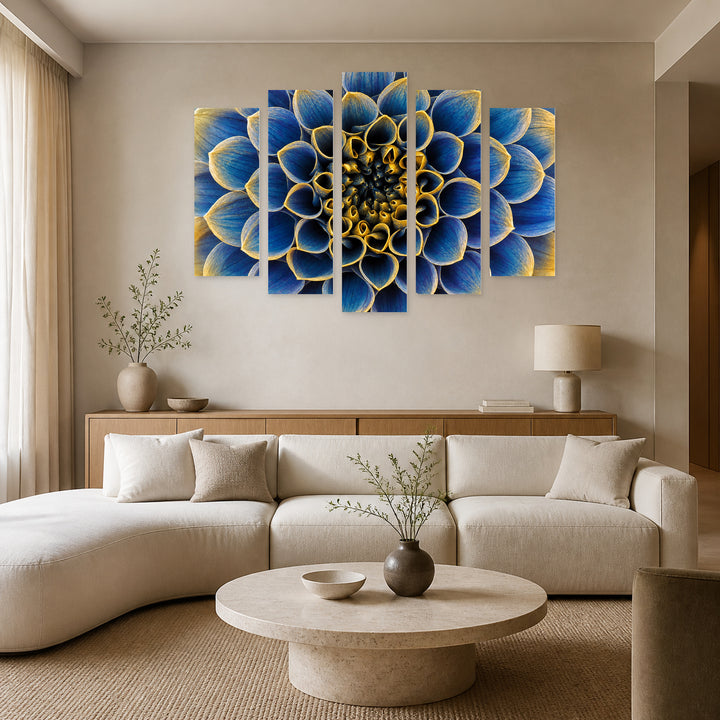 Abstract Flower in Blue and Gold — five-panel wall art in alternate frontal interior | 5wallart 55092 M4
