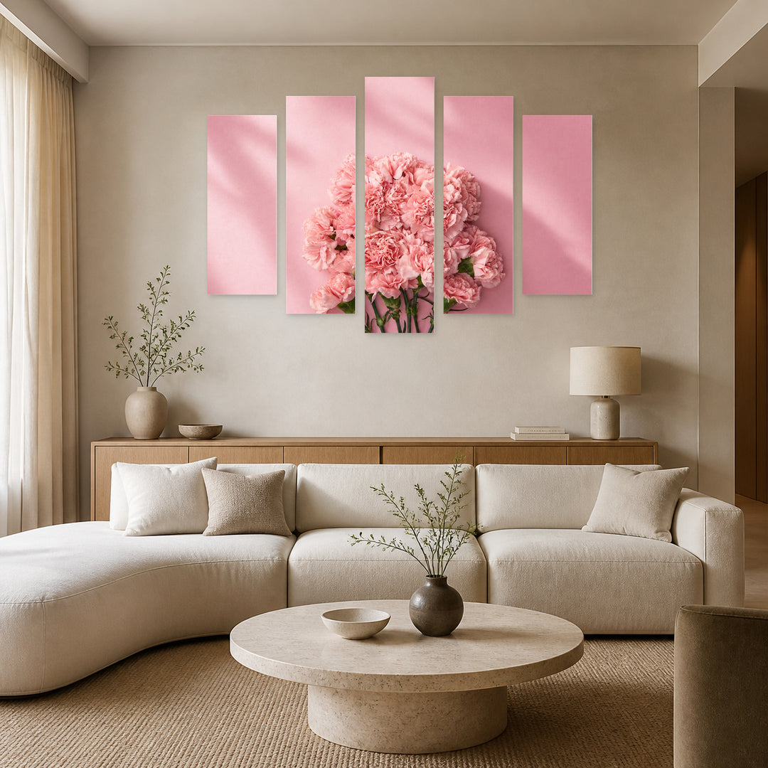 Pink Carnations with Dreamlike Atmosphere — five-panel wall art in frontal interior | 5wallart 55093 M3