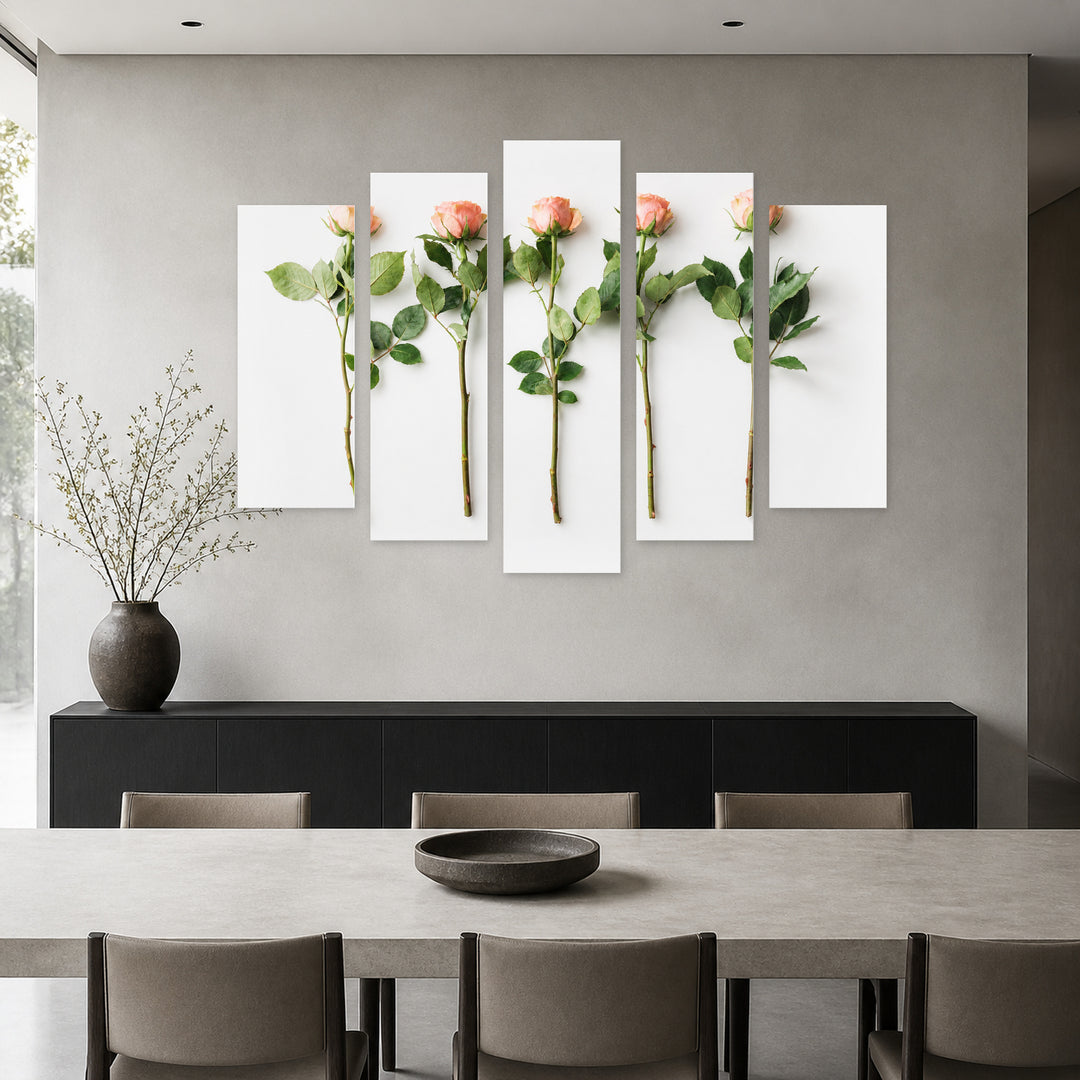 Roses in Serene Light — five-panel wall art in frontal interior | 5wallart 55094 M3