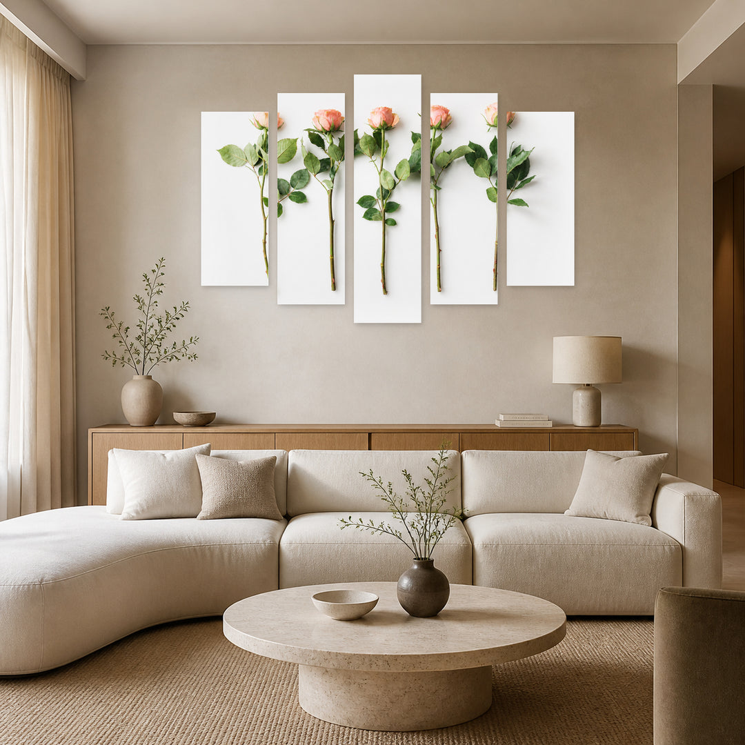 Roses in Serene Light — five-panel wall art in alternate frontal interior | 5wallart 55094 M4