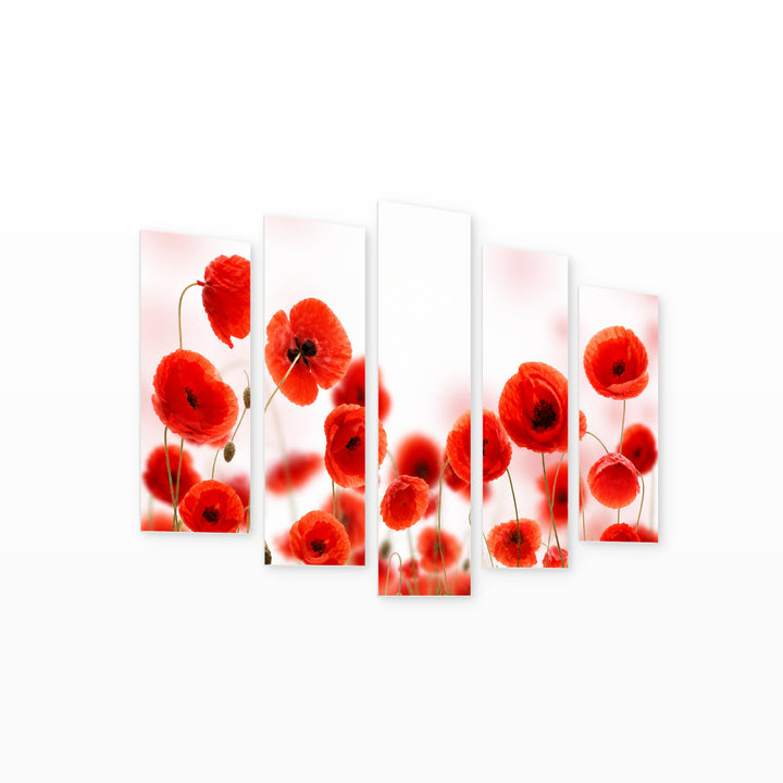 Poppy Field in Serene Light — five-panel wall art on white background in perspective | 5wallart 55095 M1