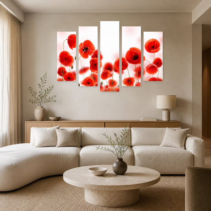 Poppy Field in Serene Light — five-panel wall art in frontal interior | 5wallart 55095 M3
