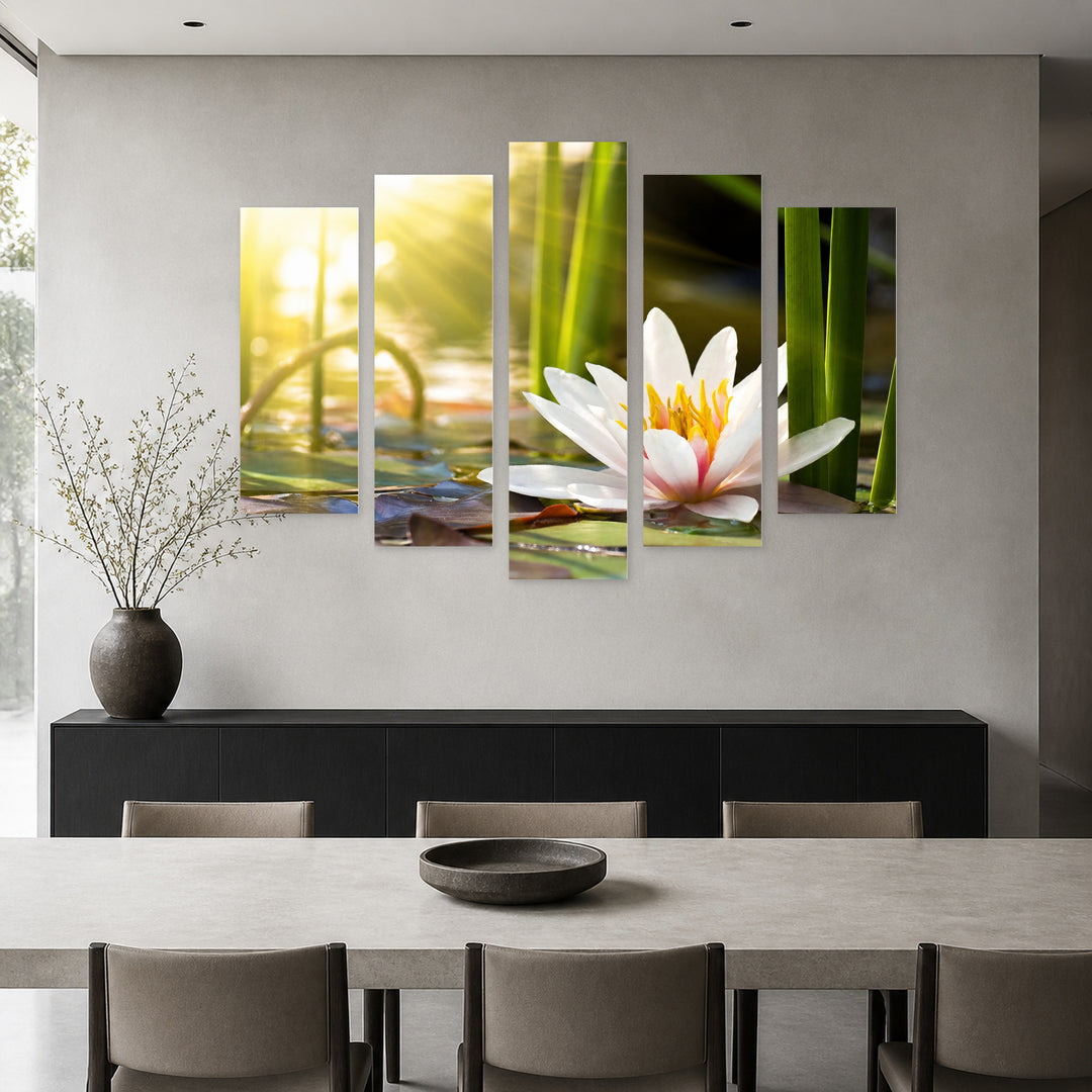 Water Lily in Serene Light — five-panel wall art in frontal interior | 5wallart 55096 M3