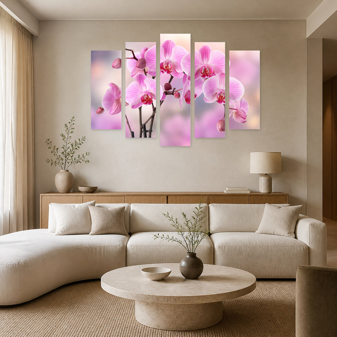 Pink Orchids with Dreamlike Atmosphere — five-panel wall art in frontal interior | 5wallart 55097 M3