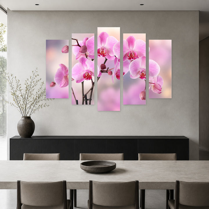 Pink Orchids with Dreamlike Atmosphere — five-panel wall art in alternate frontal interior | 5wallart 55097 M4