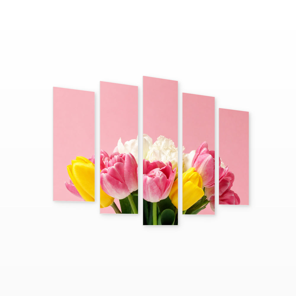 Blooming Floral Tulips in Vivid Color — five-panel wall art on white background in perspective | 5wallart 55098 M1