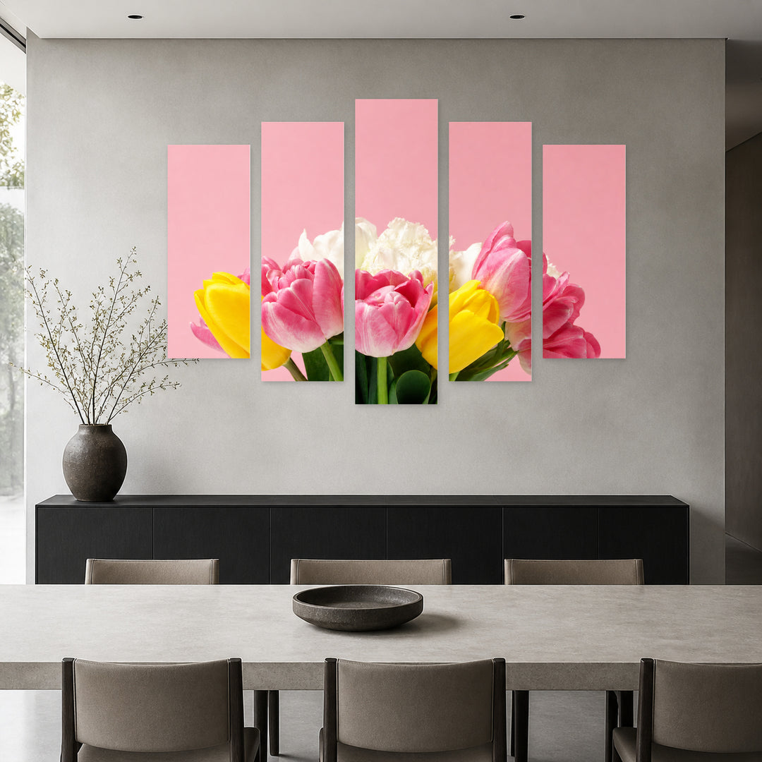 Blooming Floral Tulips in Vivid Color — five-panel wall art in frontal interior | 5wallart 55098 M3