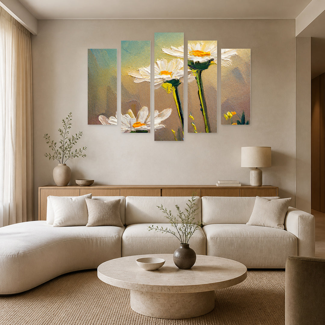 With Daisies in Serene Light — five-panel wall art in frontal interior | 5wallart 55099 M3